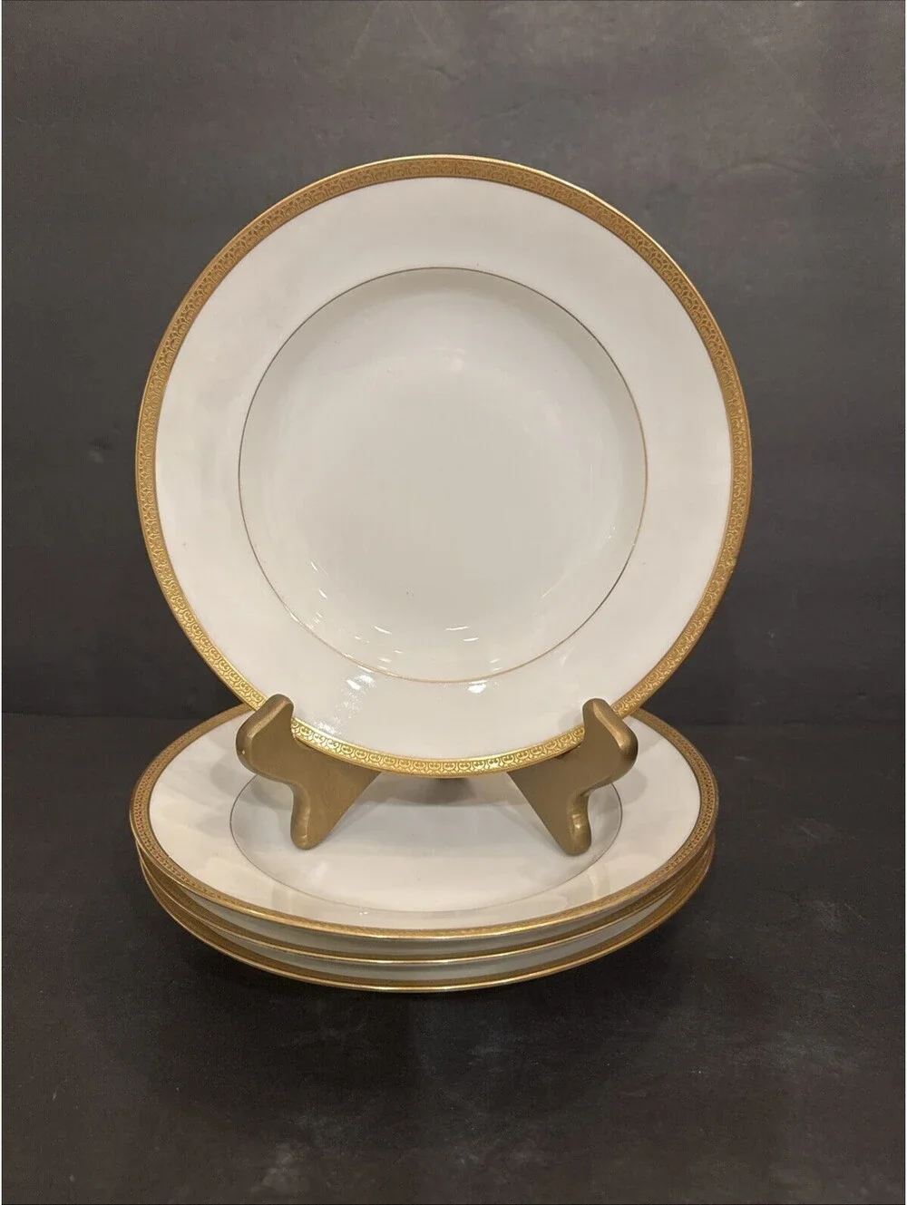 Antique Limoges (4) L. Royer Gold Encrusted Rim Coupe Pasta Bowl 9” France